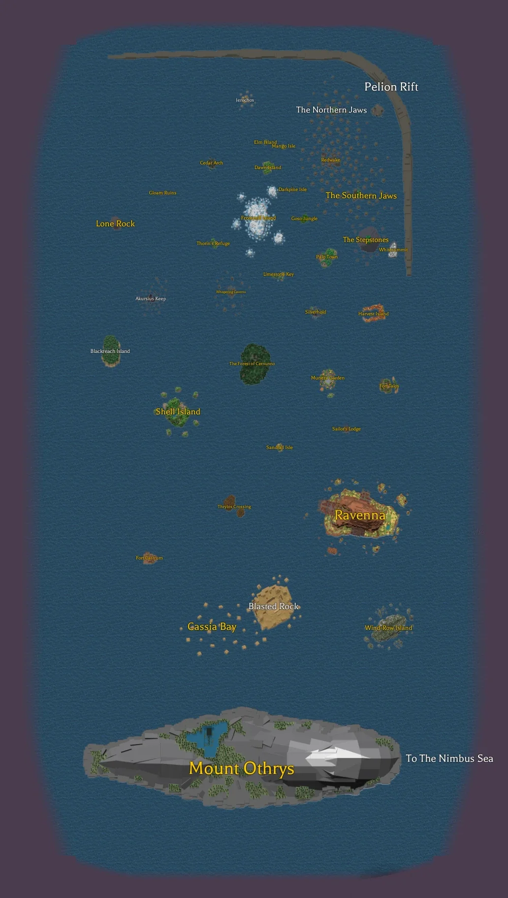 Bronze Sea map used to compare Ierochos with Cedar Arch, Elm Island, Dawn Island, and Frostmill Island.