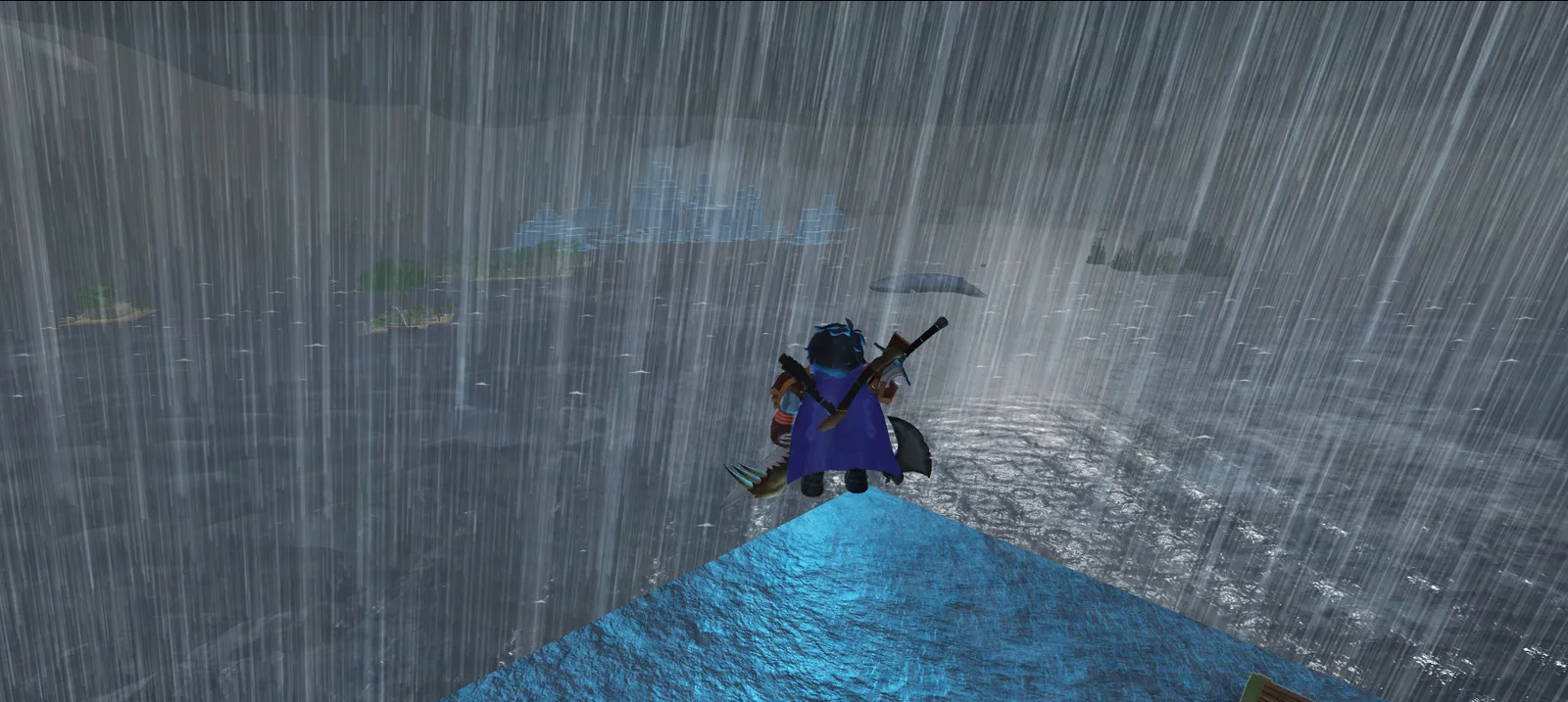 Arcane Odyssey character standing on a high narrow rock pillar with several distant islands visible through severe weather.