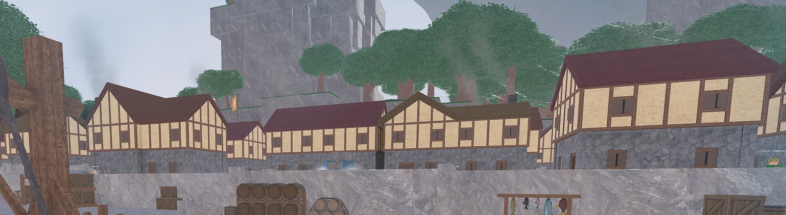 Port Mistral waterfront with timber-framed buildings, cargo, market structures, and red-brown roofs.