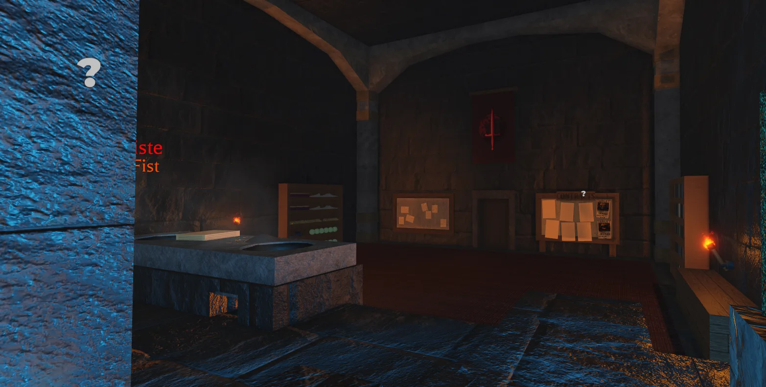 Interior of the Dead Halls at Makrinaos with Assassin Syndicate signage, dark stone walls, and wooden construction.