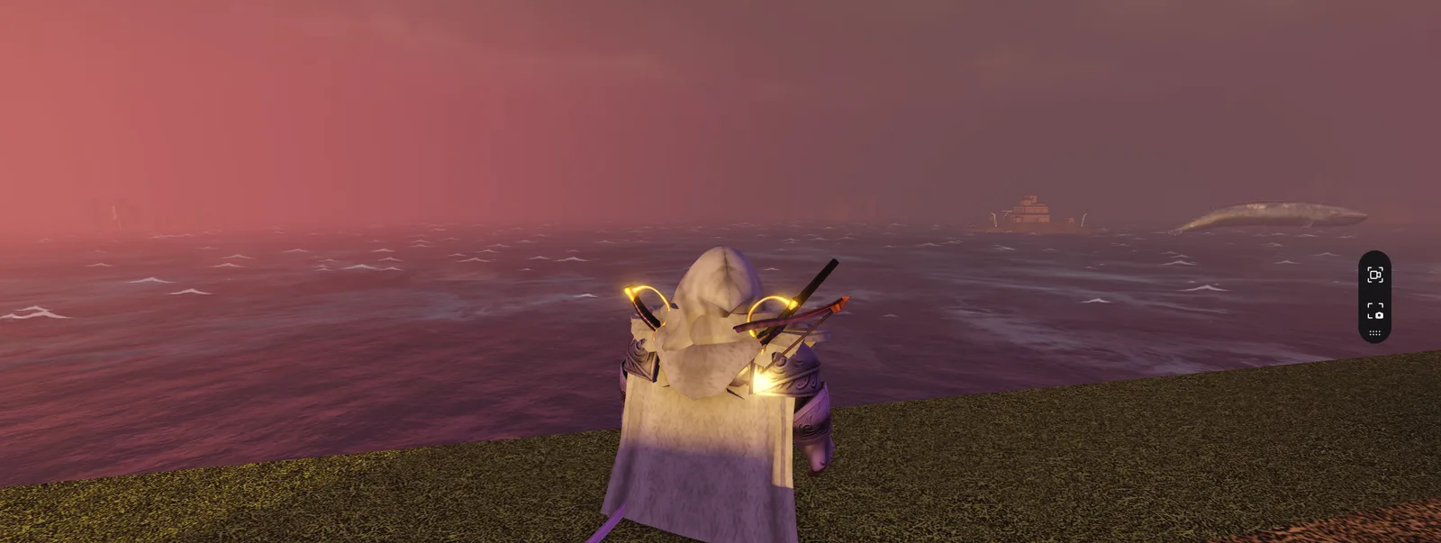 Ravenna terrain and distant structures under red lighting, with an airborne whale visible as an unreliable physics clue.