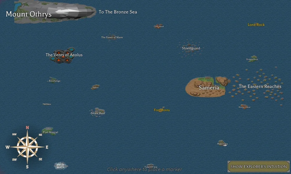 Nimbus Sea map with Port Mistral in the southwest and Makrinaos in the southeast.
